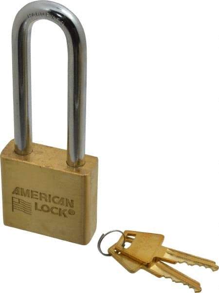 American Lock - 3" Shackle Clearance, Keyed Alike A5572 Padlock - 3/8" Shackle Diam, Steel & Brass, with Solid Extruded Brass Finish - Industrial Tool & Supply