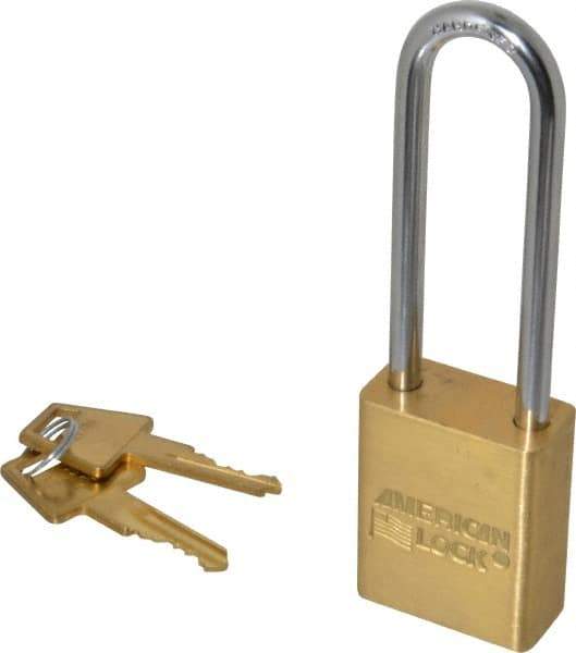 American Lock - 3" Shackle Clearance, Keyed Alike A5532 Padlock - 1/4" Shackle Diam, Steel & Brass, with Solid Extruded Brass Finish - Industrial Tool & Supply