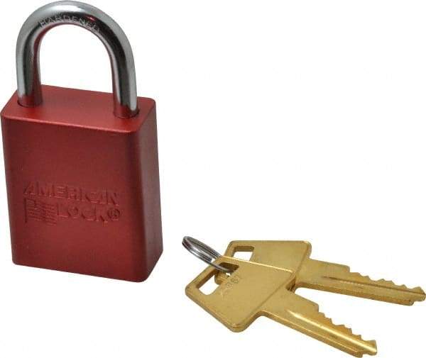 American Lock - Keyed Alike Conductive Lockout Padlock - 1" Shackle Clearance, 1/4" Shackle Diam, 1.8" Body Height x 1-1/2" Body Width, Red, 5 Pins - Industrial Tool & Supply