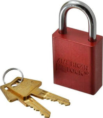 American Lock - Keyed Alike Conductive Lockout Padlock - 1" Shackle Clearance, 1/4" Shackle Diam, 1.8" Body Height x 1-1/2" Body Width, Red, 5 Pins - Industrial Tool & Supply