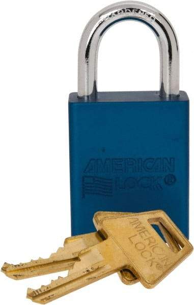 American Lock - Keyed Alike Conductive Lockout Padlock - 1" Shackle Clearance, 1/4" Shackle Diam, 1.8" Body Height x 1-1/2" Body Width, Blue, 5 Pins - Industrial Tool & Supply