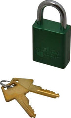 American Lock - Keyed Alike Conductive Lockout Padlock - 1" Shackle Clearance, 1/4" Shackle Diam, 1.8" Body Height x 1-1/2" Body Width, Green, 5 Pins - Industrial Tool & Supply