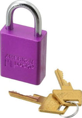 American Lock - Keyed Alike Conductive Lockout Padlock - 1" Shackle Clearance, 1/4" Shackle Diam, 1.8" Body Height x 1-1/2" Body Width, Purple, 5 Pins - Industrial Tool & Supply