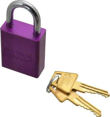 American Lock - Keyed Alike Conductive Lockout Padlock - 1" Shackle Clearance, 1/4" Shackle Diam, 1.8" Body Height x 1-1/2" Body Width, Purple, 5 Pins - Industrial Tool & Supply