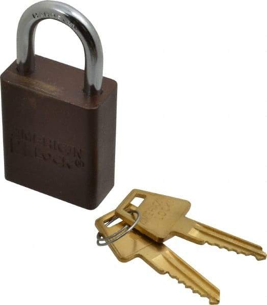 American Lock - Keyed Alike Conductive Lockout Padlock - 1" Shackle Clearance, 1/4" Shackle Diam, 1.8" Body Height x 1-1/2" Body Width, Brown, 5 Pins - Industrial Tool & Supply