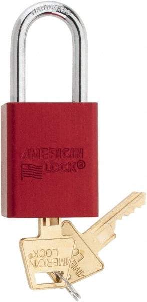 American Lock - Keyed Different Conductive Lockout Padlock - 1-1/2" Shackle Clearance, 1/4" Shackle Diam, 1.8" Body Height x 1-1/2" Body Width, Red, 5 Pins - Industrial Tool & Supply