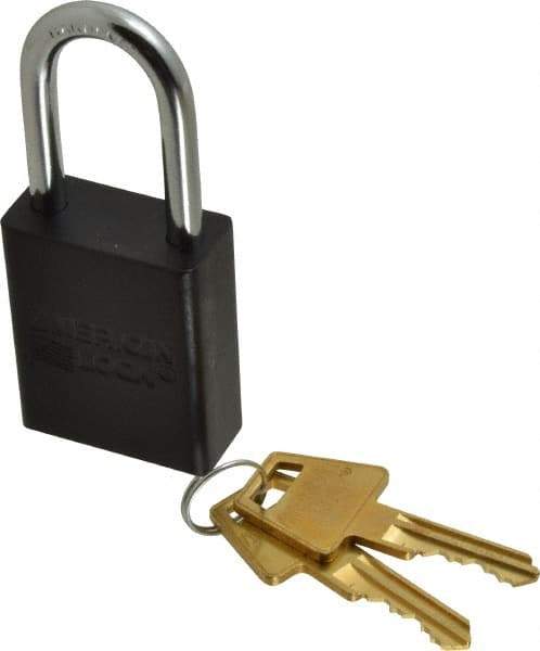 American Lock - Keyed Different Conductive Lockout Padlock - 1-1/2" Shackle Clearance, 1/4" Shackle Diam, 1.8" Body Height x 1-1/2" Body Width, Black, 5 Pins - Industrial Tool & Supply