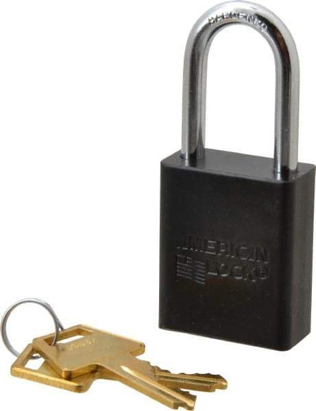 American Lock - Keyed Alike Conductive Lockout Padlock - 1-1/2" Shackle Clearance, 1/4" Shackle Diam, 1.8" Body Height x 1-1/2" Body Width, Black, 5 Pins - Industrial Tool & Supply