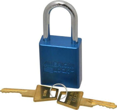 American Lock - Keyed Different Conductive Lockout Padlock - 1-1/2" Shackle Clearance, 1/4" Shackle Diam, 1.8" Body Height x 1-1/2" Body Width, Blue, 5 Pins - Industrial Tool & Supply