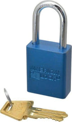 American Lock - Keyed Alike Conductive Lockout Padlock - 1-1/2" Shackle Clearance, 1/4" Shackle Diam, 1.8" Body Height x 1-1/2" Body Width, Blue, 5 Pins - Industrial Tool & Supply