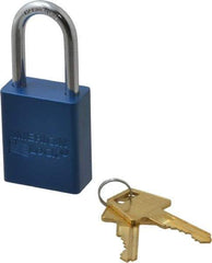 American Lock - Keyed Alike Conductive Lockout Padlock - 1-1/2" Shackle Clearance, 1/4" Shackle Diam, 1.8" Body Height x 1-1/2" Body Width, Blue, 5 Pins - Industrial Tool & Supply