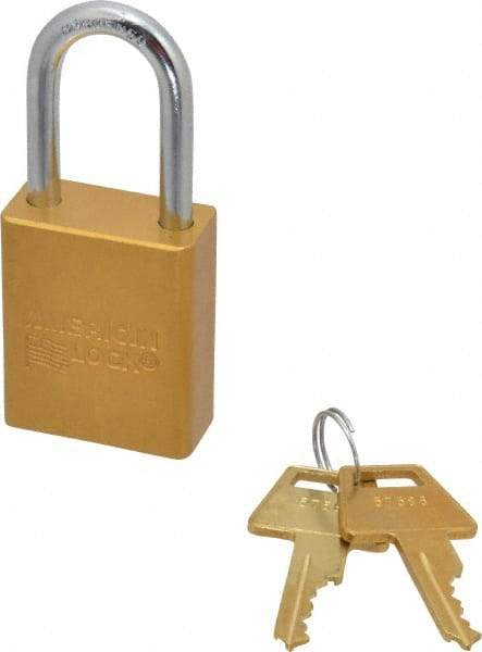 American Lock - Keyed Different Conductive Lockout Padlock - 1-1/2" Shackle Clearance, 1/4" Shackle Diam, 1.8" Body Height x 1-1/2" Body Width, Yellow, 5 Pins - Industrial Tool & Supply