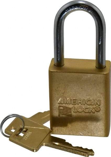American Lock - Keyed Alike Conductive Lockout Padlock - 1-1/2" Shackle Clearance, 1/4" Shackle Diam, 1.8" Body Height x 1-1/2" Body Width, Yellow, 5 Pins - Industrial Tool & Supply