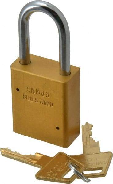 American Lock - Keyed Alike Conductive Lockout Padlock - 1-1/2" Shackle Clearance, 1/4" Shackle Diam, 1.8" Body Height x 1-1/2" Body Width, Yellow, 5 Pins - Industrial Tool & Supply