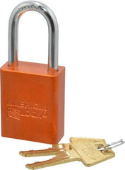 American Lock - Keyed Different Conductive Lockout Padlock - 1-1/2" Shackle Clearance, 1/4" Shackle Diam, 1.8" Body Height x 1-1/2" Body Width, Orange, 5 Pins - Industrial Tool & Supply