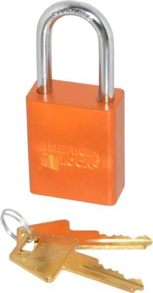 American Lock - Keyed Alike Conductive Lockout Padlock - 1-1/2" Shackle Clearance, 1/4" Shackle Diam, 1.8" Body Height x 1-1/2" Body Width, Orange, 5 Pins - Industrial Tool & Supply