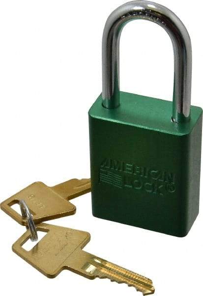 American Lock - Keyed Different Conductive Lockout Padlock - 1-1/2" Shackle Clearance, 1/4" Shackle Diam, 1.8" Body Height x 1-1/2" Body Width, Green, 5 Pins - Industrial Tool & Supply