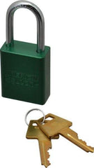 American Lock - Keyed Alike Conductive Lockout Padlock - 1-1/2" Shackle Clearance, 1/4" Shackle Diam, 1.8" Body Height x 1-1/2" Body Width, Green, 5 Pins - Industrial Tool & Supply
