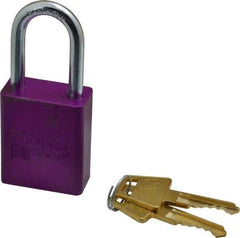 American Lock - Keyed Different Conductive Lockout Padlock - 1-1/2" Shackle Clearance, 1/4" Shackle Diam, 1.8" Body Height x 1-1/2" Body Width, Purple, 5 Pins - Industrial Tool & Supply