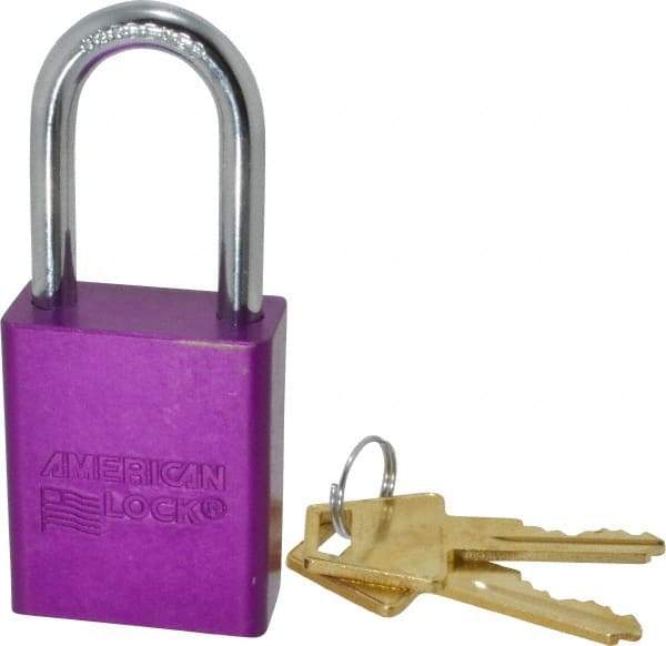 American Lock - Keyed Alike Conductive Lockout Padlock - 1-1/2" Shackle Clearance, 1/4" Shackle Diam, 1.8" Body Height x 1-1/2" Body Width, Purple, 5 Pins - Industrial Tool & Supply