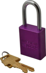 American Lock - Keyed Alike Conductive Lockout Padlock - 1-1/2" Shackle Clearance, 1/4" Shackle Diam, 1.8" Body Height x 1-1/2" Body Width, Purple, 5 Pins - Industrial Tool & Supply