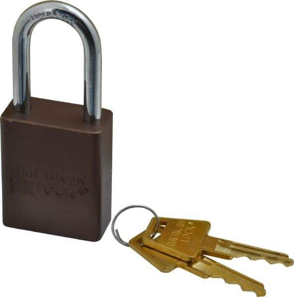 American Lock - Keyed Different Conductive Lockout Padlock - 1-1/2" Shackle Clearance, 1/4" Shackle Diam, 1.8" Body Height x 1-1/2" Body Width, Brown, 5 Pins - Industrial Tool & Supply