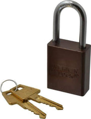 American Lock - Keyed Alike Conductive Lockout Padlock - 1-1/2" Shackle Clearance, 1/4" Shackle Diam, 1.8" Body Height x 1-1/2" Body Width, Brown, 5 Pins - Industrial Tool & Supply