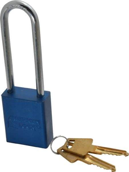 American Lock - Keyed Alike Conductive Lockout Padlock - 3" Shackle Clearance, 1/4" Shackle Diam, 1.8" Body Height x 1-1/2" Body Width, Blue, 5 Pins - Industrial Tool & Supply