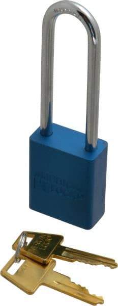 American Lock - Keyed Alike Conductive Lockout Padlock - 3" Shackle Clearance, 1/4" Shackle Diam, 1.8" Body Height x 1-1/2" Body Width, Blue, 5 Pins - Industrial Tool & Supply
