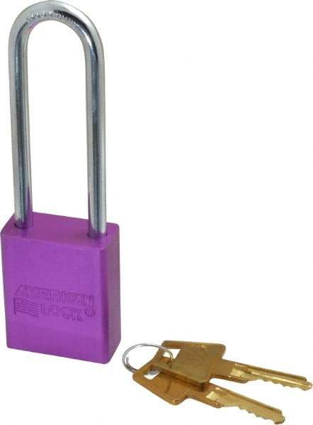 American Lock - Keyed Different Conductive Lockout Padlock - 3" Shackle Clearance, 1/4" Shackle Diam, 1.8" Body Height x 1-1/2" Body Width, Purple, 5 Pins - Industrial Tool & Supply
