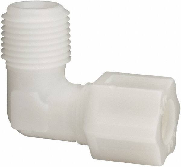 Made in USA - 1/2" Tube OD, Acetal/Celcon Plastic Compression Tube Male Elbow - 1/2 NPT Pipe, 220°F Max, Plastic Grip - Industrial Tool & Supply