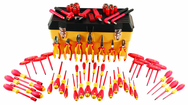 66 Piece - Insulated Tool Set with Pliers; Cutters; Nut Drivers; Screwdrivers; T Handles; Knife; Sockets & 3/8" Drive Ratchet w/Extension; Adjustable Wrench - Industrial Tool & Supply