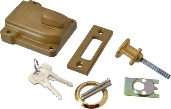 Yale - 1-1/8 to 2-1/4" Door Thickness, Brass Lacquer Finish, 112F Rimlock Deadbolt - Rim Cylinder - Industrial Tool & Supply
