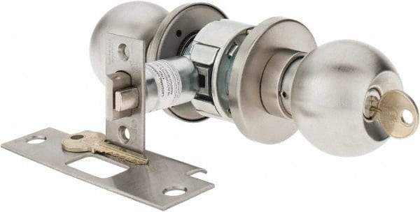 Yale - 1-3/8" Door Thickness, Stainless Steel Storeroom Knob Lockset - 2-3/4" Back Set, 2 Cylinder - Industrial Tool & Supply
