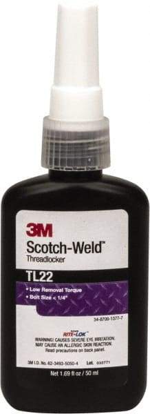 3M - 50 mL Bottle, Purple, Low Strength Liquid Threadlocker - Series TL22, 24 hr Full Cure Time, Hand Tool Removal - Industrial Tool & Supply