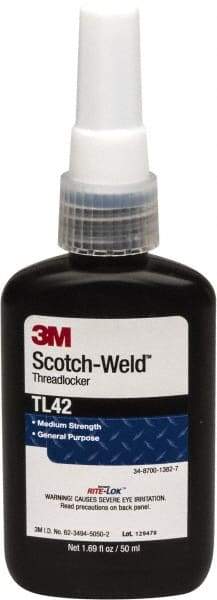 3M - 50 mL Bottle, Blue, Medium Strength Liquid Threadlocker - Series TL42, 24 hr Full Cure Time, Hand Tool Removal - Industrial Tool & Supply