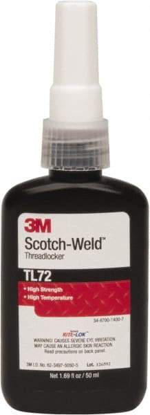 3M - 50 mL Bottle, Red, High Strength Liquid Threadlocker - Series TL72, 24 hr Full Cure Time, Hand Tool, Heat Removal - Industrial Tool & Supply