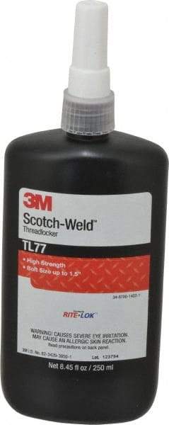 3M - 250 mL, Red, High Strength Liquid Threadlocker - Series TL77, 24 hr Full Cure Time, Hand Tool, Heat Removal - Industrial Tool & Supply