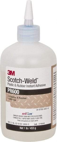 3M - 1 Lb Bottle Clear Instant Adhesive - Series PR600, 4 to 25 sec Working Time, 24 hr Full Cure Time, Bonds to Cardboard, Ceramic, Fabric, Fiberglass, Foam, Glass, Leather, Metal, Paper, Plastic, Rubber, Vinyl & Wood - Industrial Tool & Supply