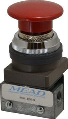 Mead - 1/8" NPT Emergency Stop Manual Valve - 3 Ports, 3-Way, 2-Position Detent, Emergency Stop Push Button Red & Manual Return - Industrial Tool & Supply