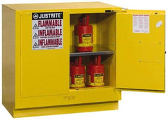 Justrite - 2 Door, 1 Shelf, Yellow Steel Under the Counter Safety Cabinet for Flammable and Combustible Liquids - 35" High x 35" Wide x 22" Deep, Self Closing Door, 22 Gal Capacity - Industrial Tool & Supply