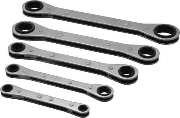 Lang - 5 Piece, 1/4 to 7/8", 12 Point, Ratcheting Box Wrench Set - Inch System of Measurement, Chrome Finish, Comes in Vinyl Roll - Industrial Tool & Supply