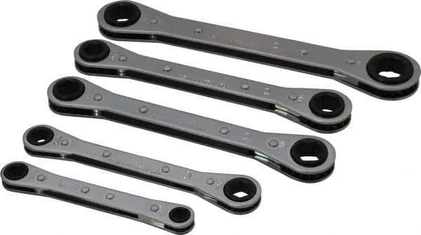 Lang - 5 Piece, 7 to 17mm, Ratcheting Box Wrench Set - Metric System of Measurement, Chrome Finish, Comes in Vinyl Roll - Industrial Tool & Supply