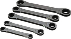 Lang - 5 Piece, 7 to 17mm, Ratcheting Box Wrench Set - Metric System of Measurement, Chrome Finish, Comes in Vinyl Roll - Industrial Tool & Supply
