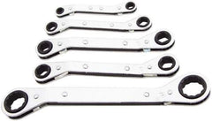 Lang - 5 Piece, 1/4 x 5/16 to 3/4 x 7/8", Ratcheting Box Wrench Set - Inch System of Measurement, Chrome Finish, Comes in Vinyl Roll - Industrial Tool & Supply