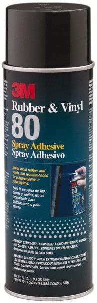 3M - 19 oz Aerosol Yellow Spray Adhesive - High Tack, 300°F Heat Resistance, 28 Sq Ft Coverage, High Strength Bond, 30 min Max Bonding Time, Flammable, Series Rubber & Vinyl 80 - Industrial Tool & Supply