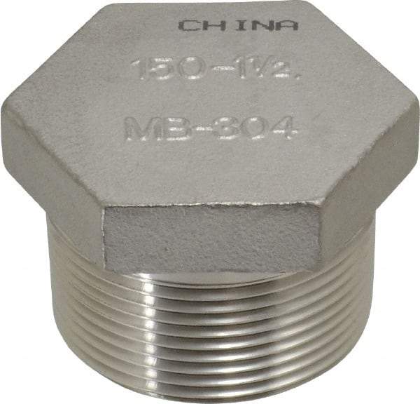 Merit Brass - 1-1/2" Grade 304 Stainless Steel Pipe Hex Head Plug - MNPT End Connections, 150 psi - Industrial Tool & Supply