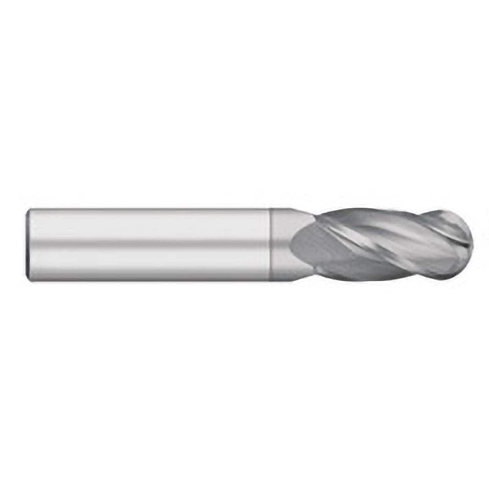 Ball End Mill: 0.5625″ Dia, 1.25″ LOC, 4 Flute, Solid Carbide 3-1/2″ OAL, 9/16″ Shank Dia, 30 ° Helix, TiCN Coated, Single End