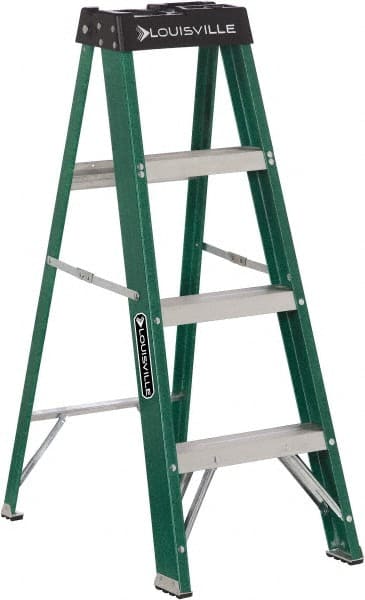 Louisville - 3 Steps, 4' High, Type II Rating, Fiberglass Step Ladder - Industrial Tool & Supply
