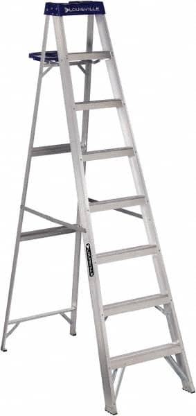 Louisville - 7 Steps, 8' High, Type I Rating, Aluminum Step Ladder - Industrial Tool & Supply